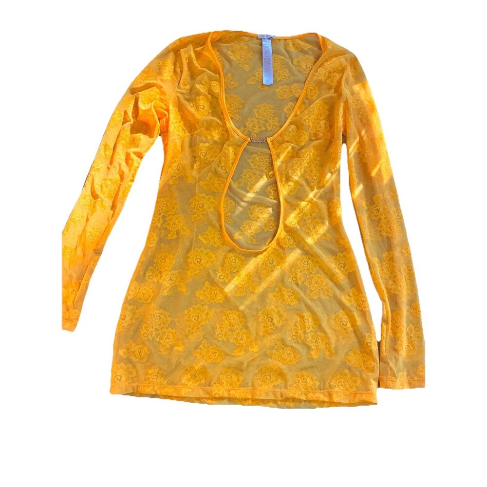 Savage X Fenty Orange Gold Floral Mesh Sheer V-Neck Long Sleeve Dress Size M